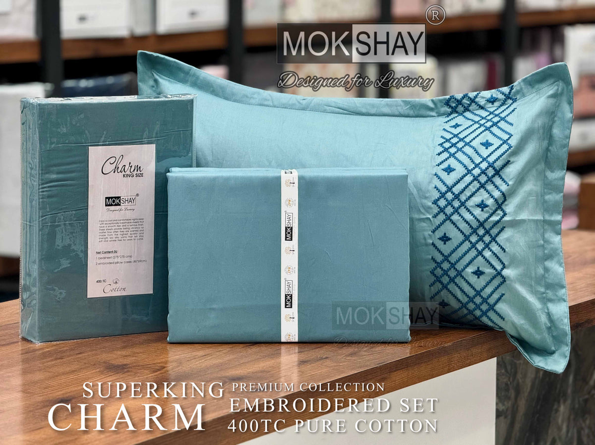 CHARM • HAND EMBROIDERED PURE COTTON 400TC SOLID PREMIUM BEDSPREAD