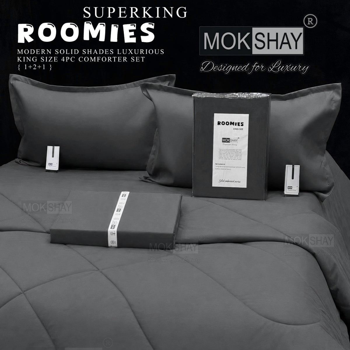 ROOMIES • PREMIUM KING SIZE MODERN SOLID PASTEL SHADES 4PIECE COMFORTER SET { 1+2+1 }