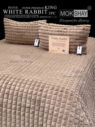 WHITE RABBIT • 600GSM KOREAN RABBIT FURR • SUPER-LUXURIOUS CUTLOOK SUPERWARM WINTER BEDSHEET SET { 1+2 }