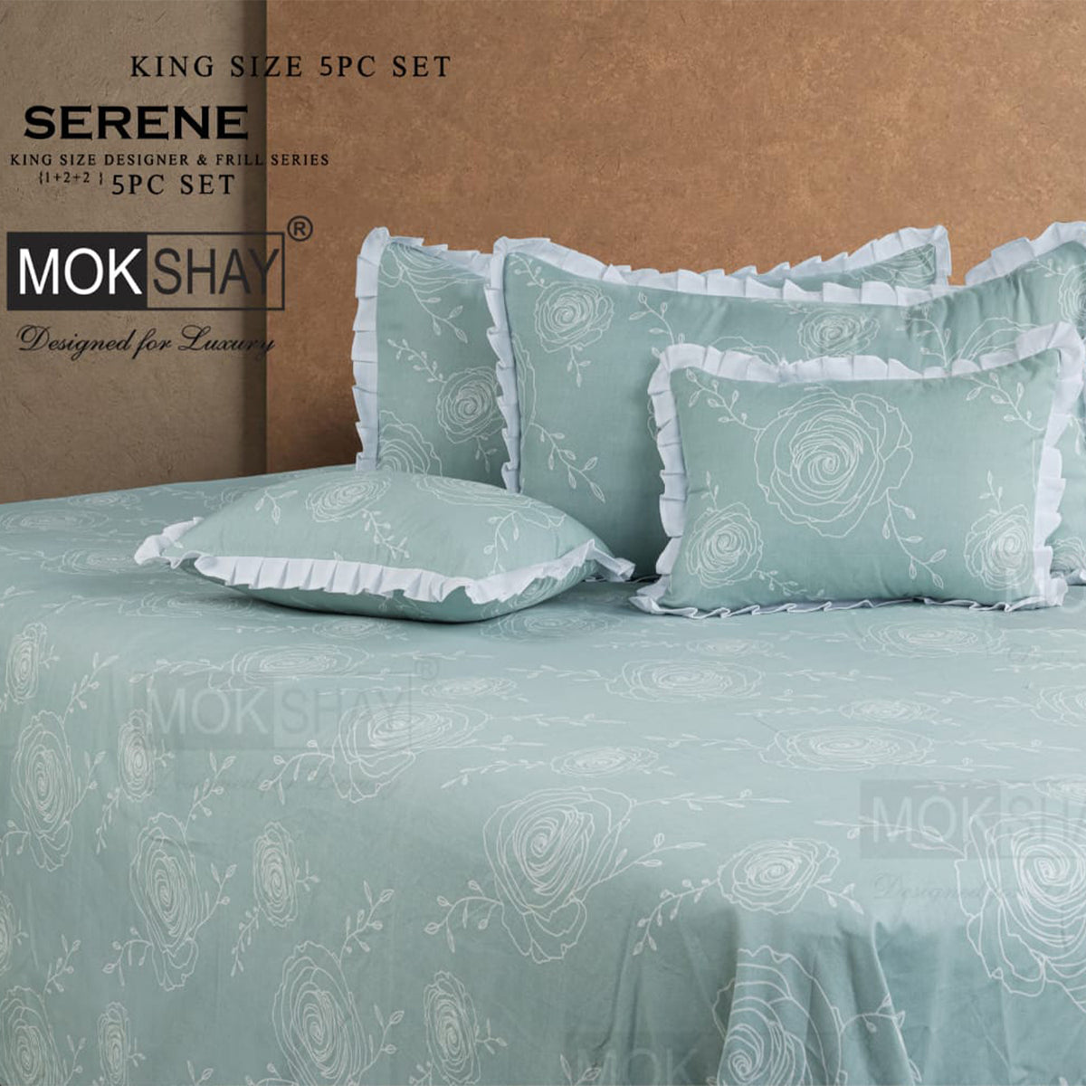 SERENE • PREMIUM KING SIZE DESIGNER FRILL SERIES 5PIECE BEDDING SET { 1+2+2 }