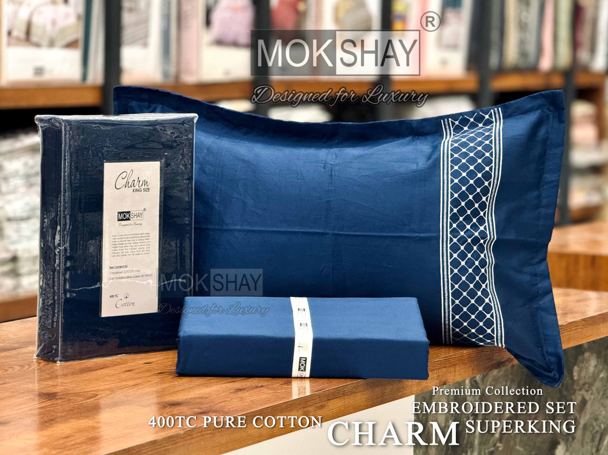 CHARM • HAND EMBROIDERED PURE COTTON 400TC SOLID PREMIUM BEDSPREAD