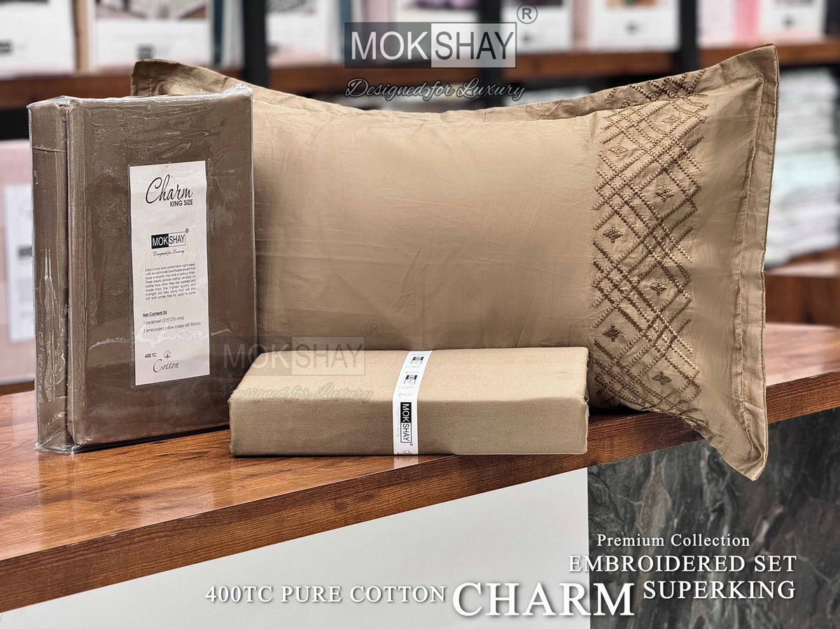 CHARM • HAND EMBROIDERED PURE COTTON 400TC SOLID PREMIUM BEDSPREAD