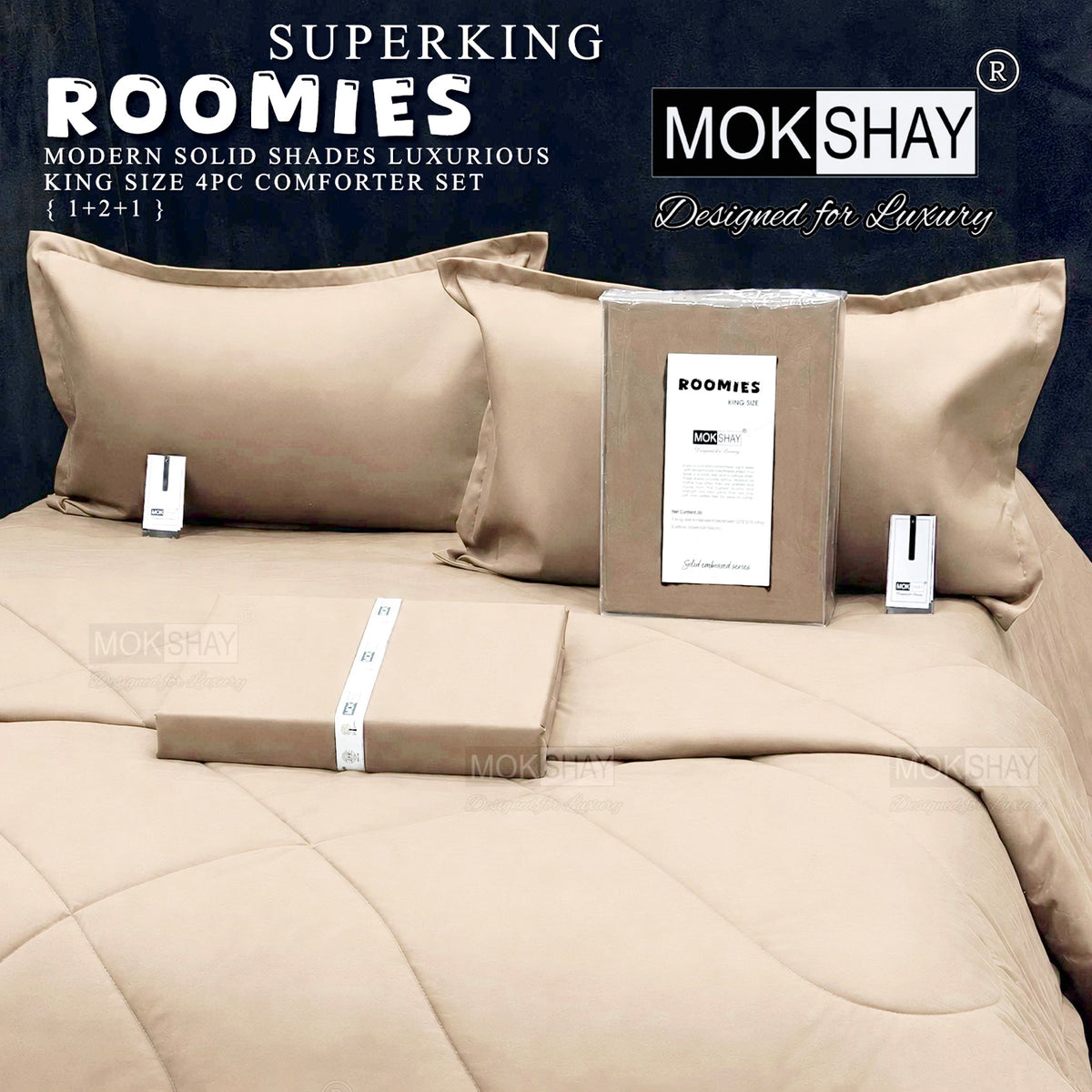 ROOMIES • PREMIUM KING SIZE MODERN SOLID PASTEL SHADES 4PIECE COMFORTER SET { 1+2+1 }