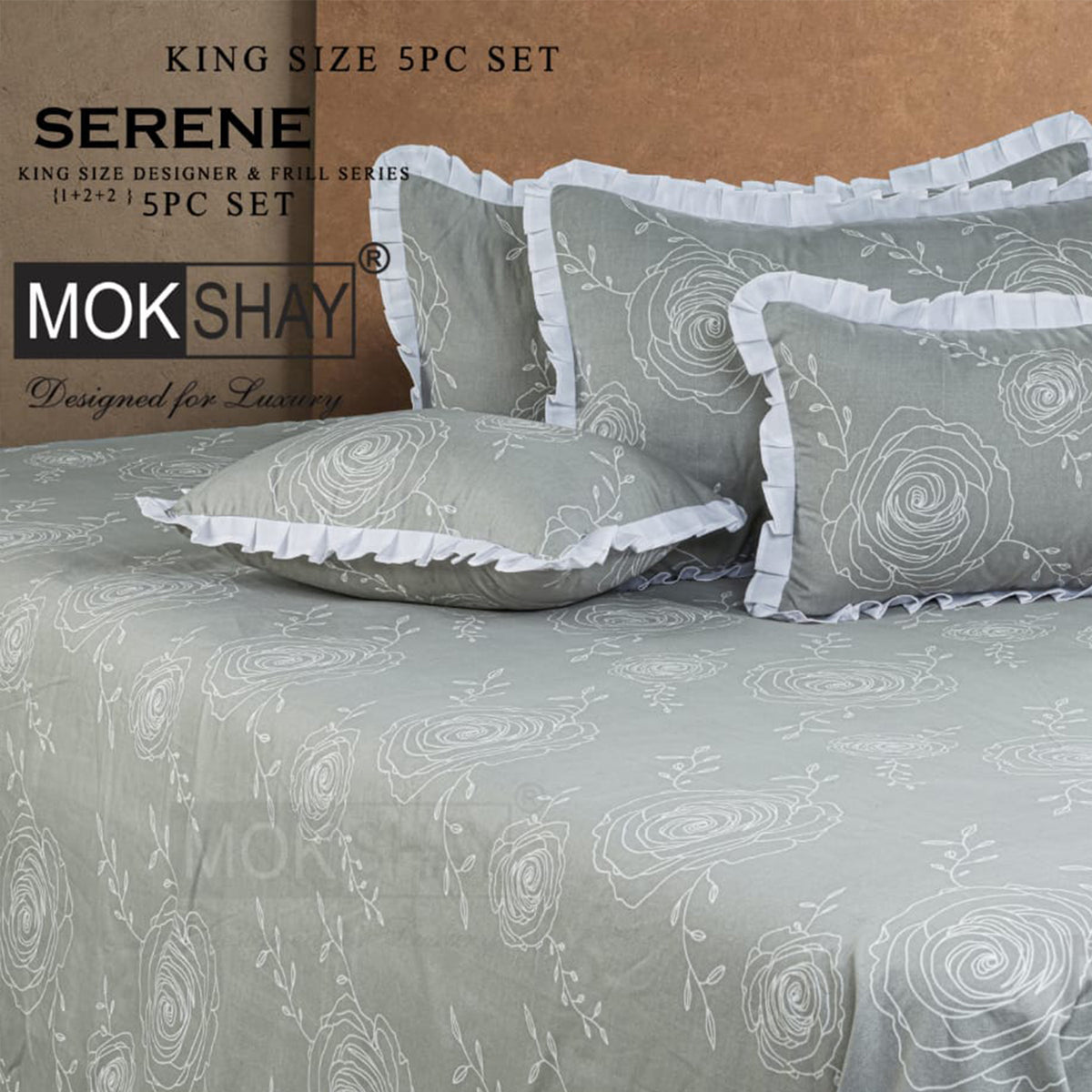 SERENE • PREMIUM KING SIZE DESIGNER FRILL SERIES 5PIECE BEDDING SET { 1+2+2 }