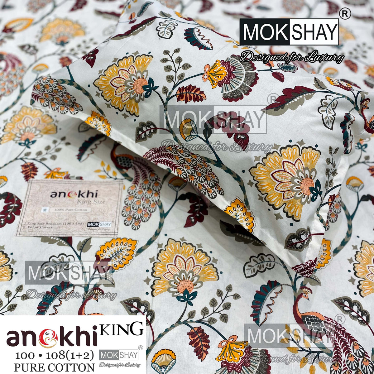 ANOKHI KING SIZE PURE COTTON BEDSHEET SET { 1+2 }