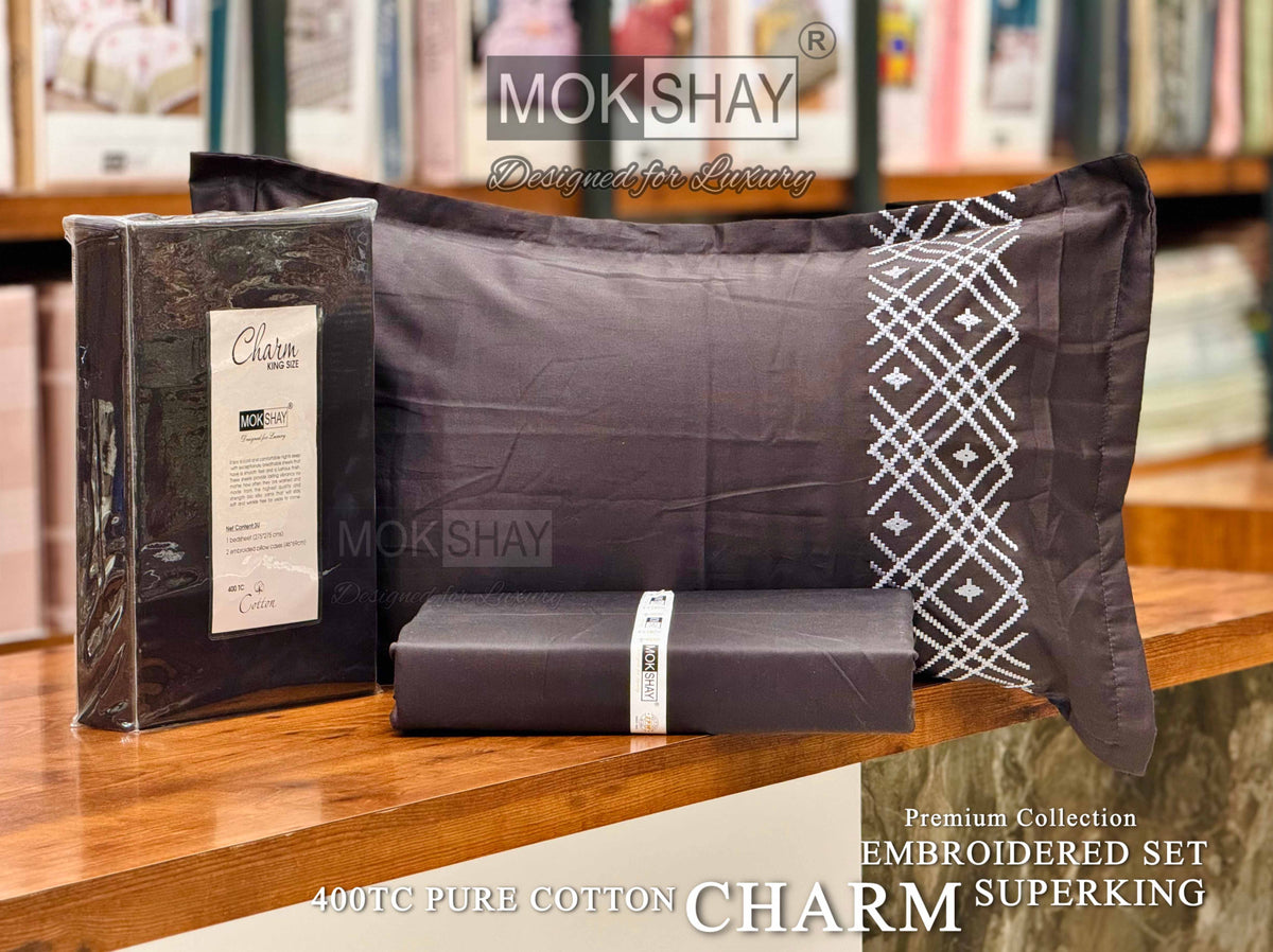 CHARM • HAND EMBROIDERED PURE COTTON 400TC SOLID PREMIUM BEDSPREAD