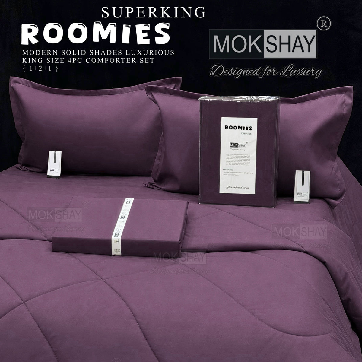 ROOMIES • PREMIUM KING SIZE MODERN SOLID PASTEL SHADES 4PIECE COMFORTER SET { 1+2+1 }