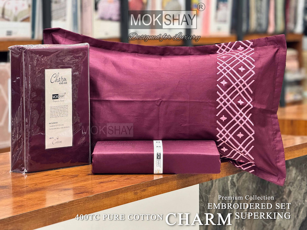CHARM • HAND EMBROIDERED PURE COTTON 400TC SOLID PREMIUM BEDSPREAD
