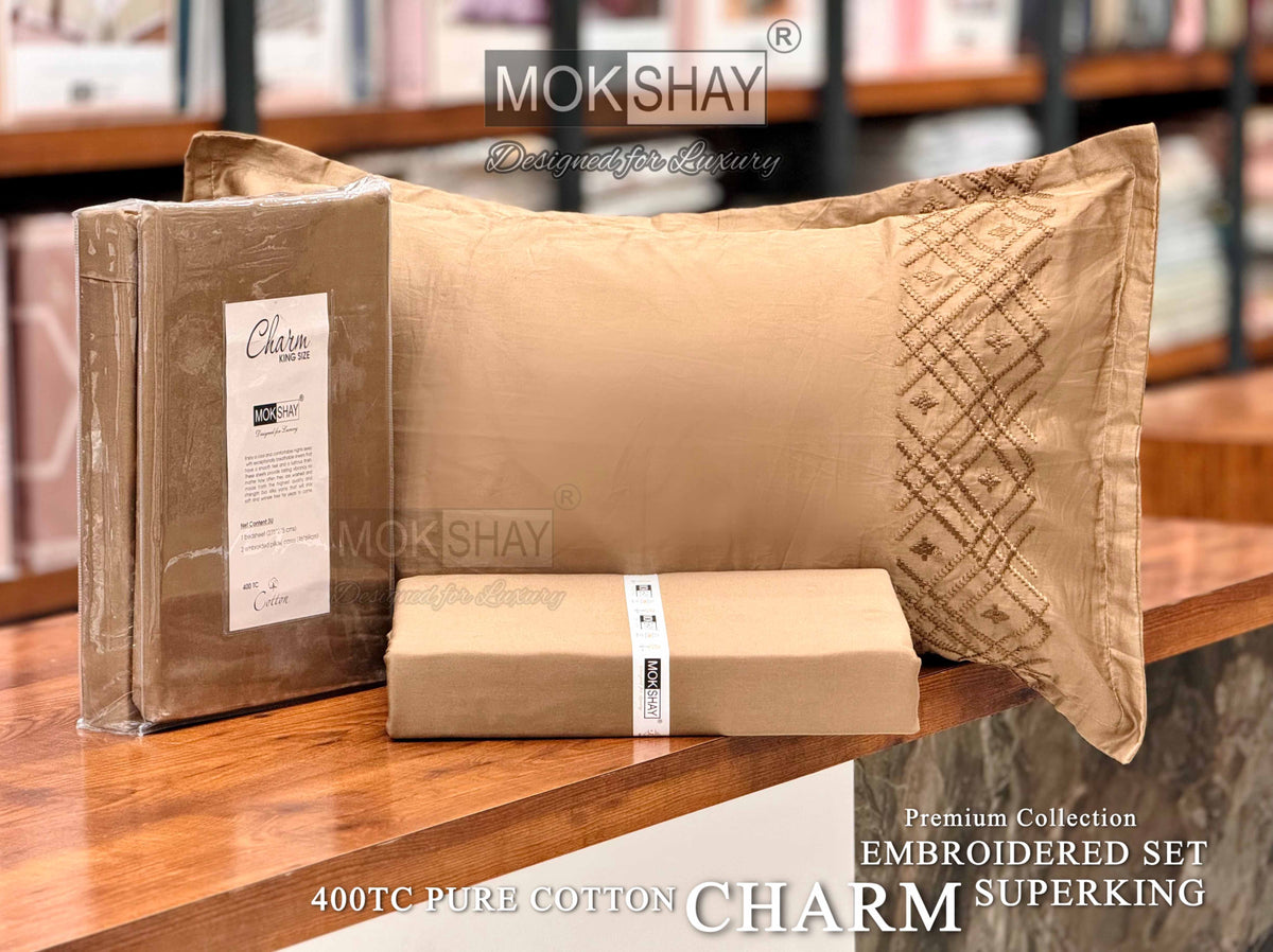 CHARM • HAND EMBROIDERED PURE COTTON 400TC SOLID PREMIUM BEDSPREAD