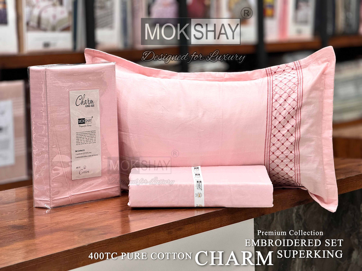 CHARM • HAND EMBROIDERED PURE COTTON 400TC SOLID PREMIUM BEDSPREAD
