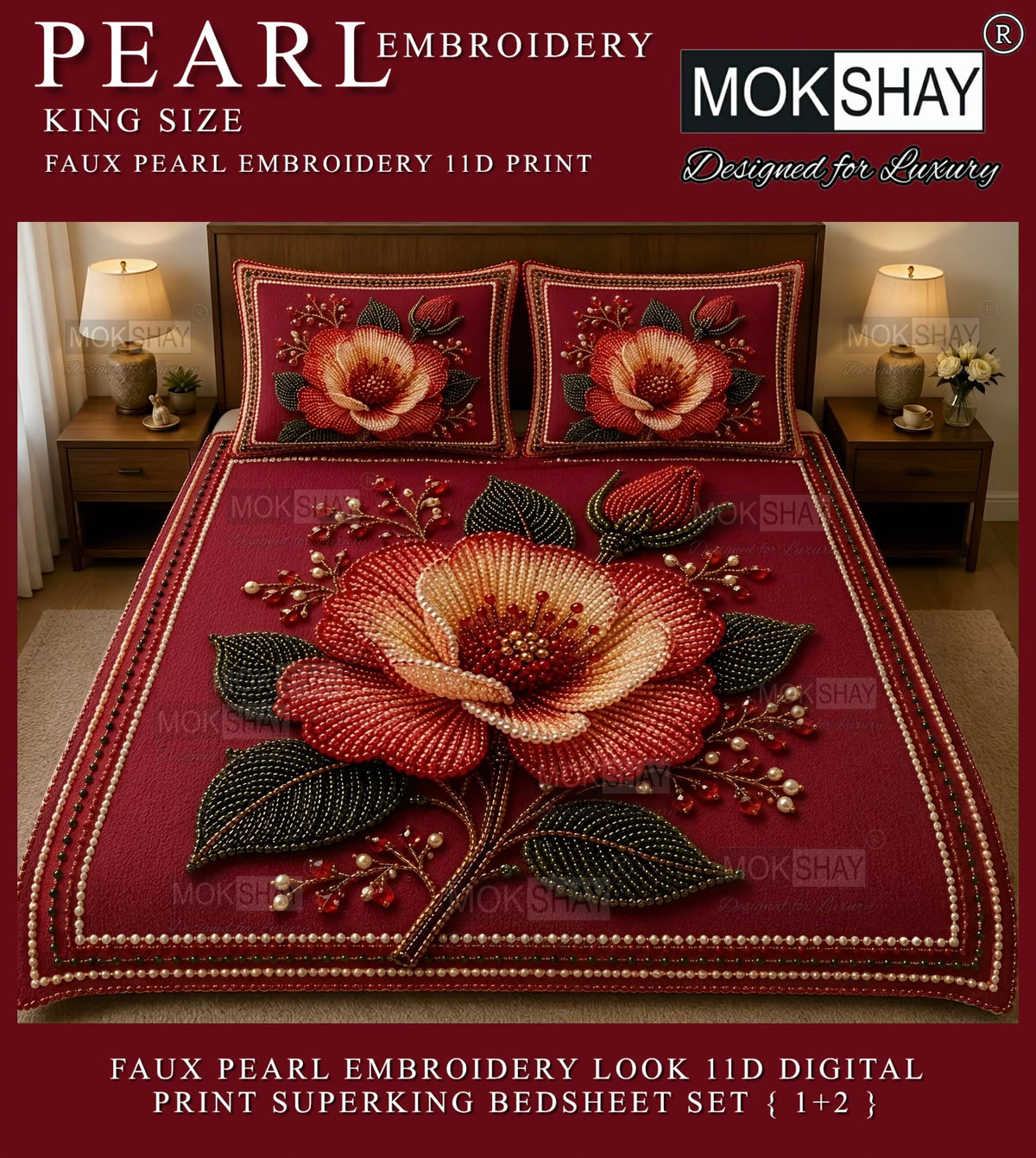 PEARL  FAUX EMBROIDERY LOOK 11D KING SIZE BEDSHEET SET { 1+2 }