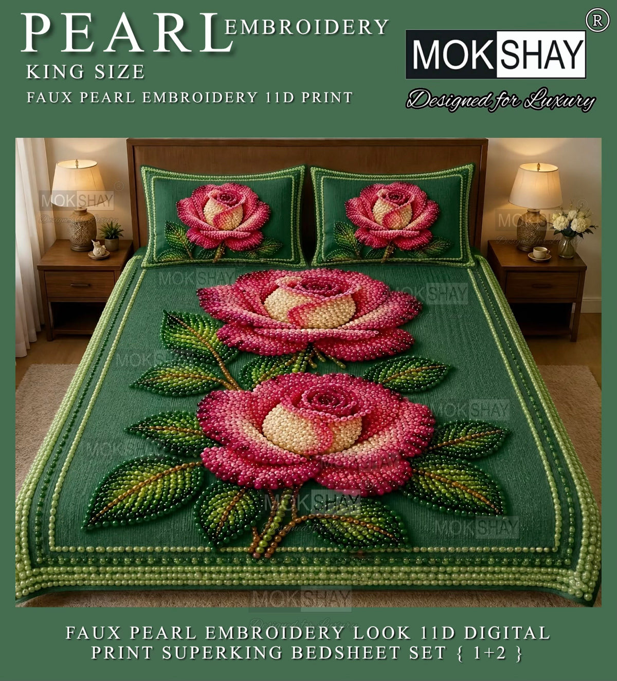 PEARL  FAUX EMBROIDERY LOOK 11D KING SIZE BEDSHEET SET { 1+2 }