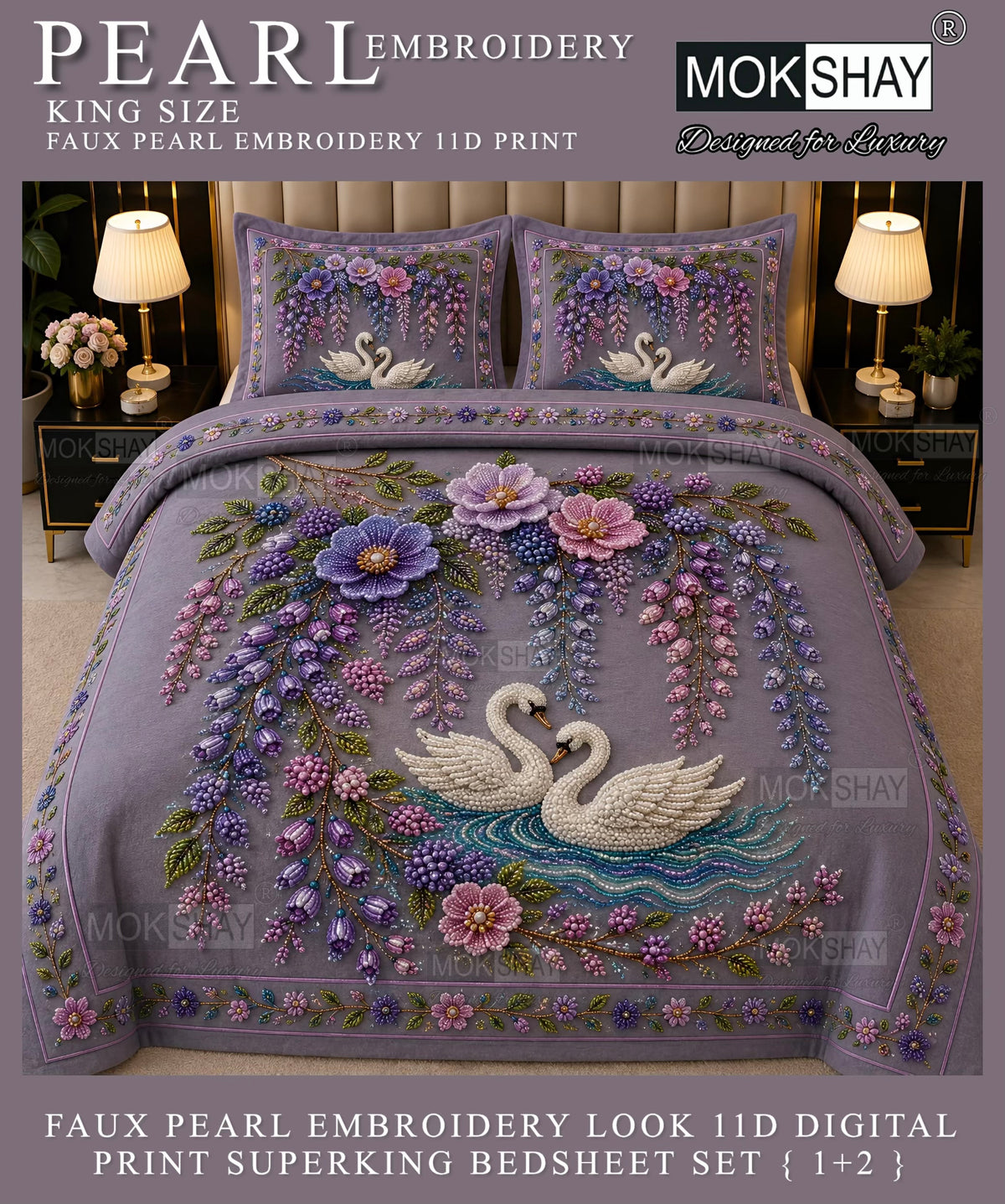 PEARL  FAUX EMBROIDERY LOOK 11D KING SIZE BEDSHEET SET { 1+2 }