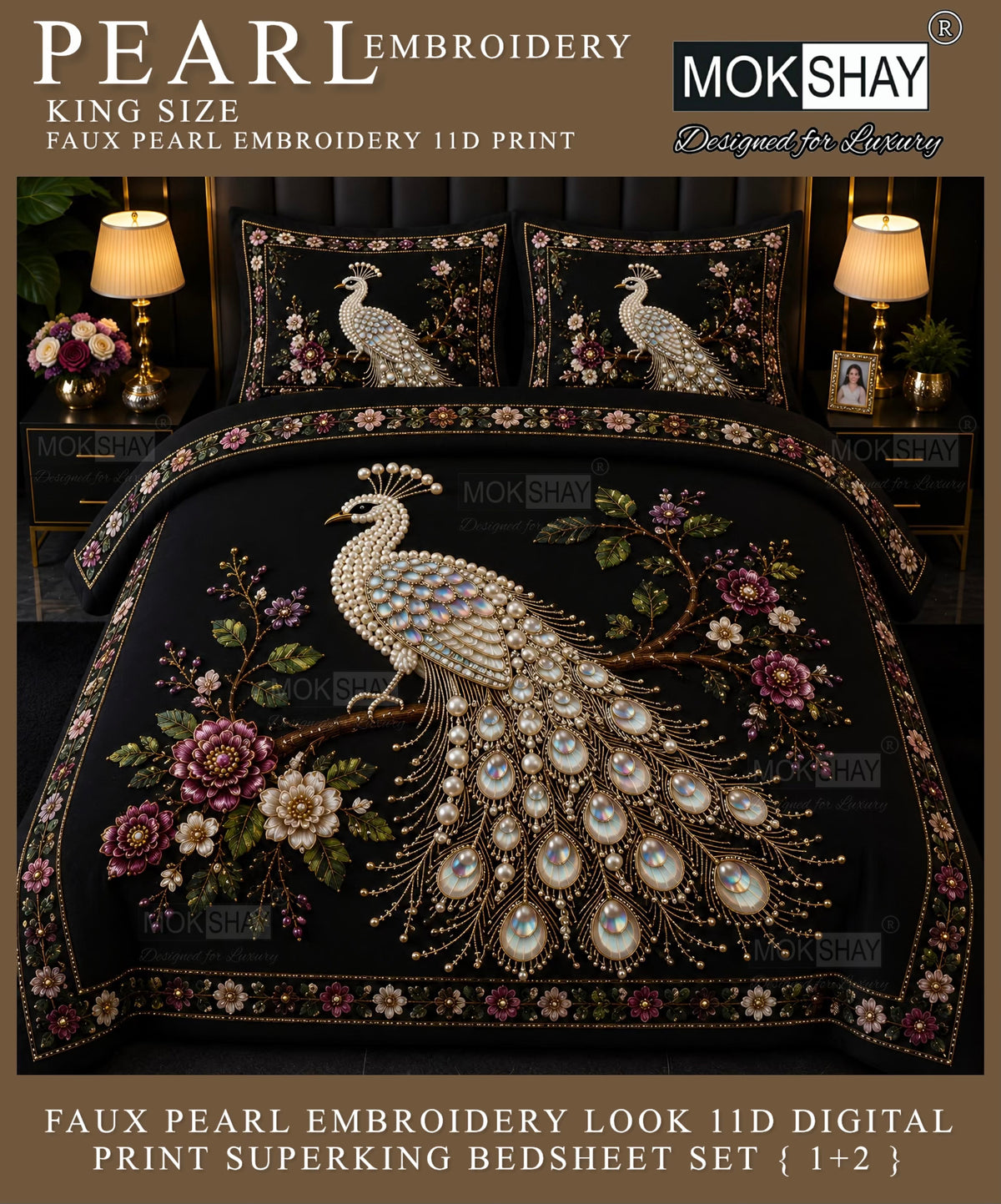PEARL  FAUX EMBROIDERY LOOK 11D KING SIZE BEDSHEET SET { 1+2 }
