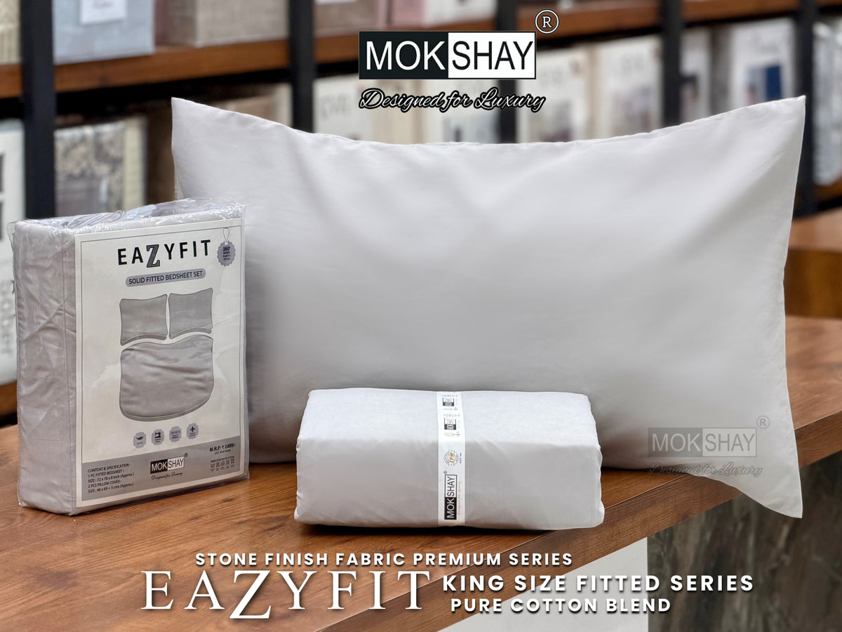 EAZYFIT • PREMIUM STONE FINISH SERIES SOLID MODERN SHADES KING SIZE 360° FITTED BEDSHEET SET { 1+2 }