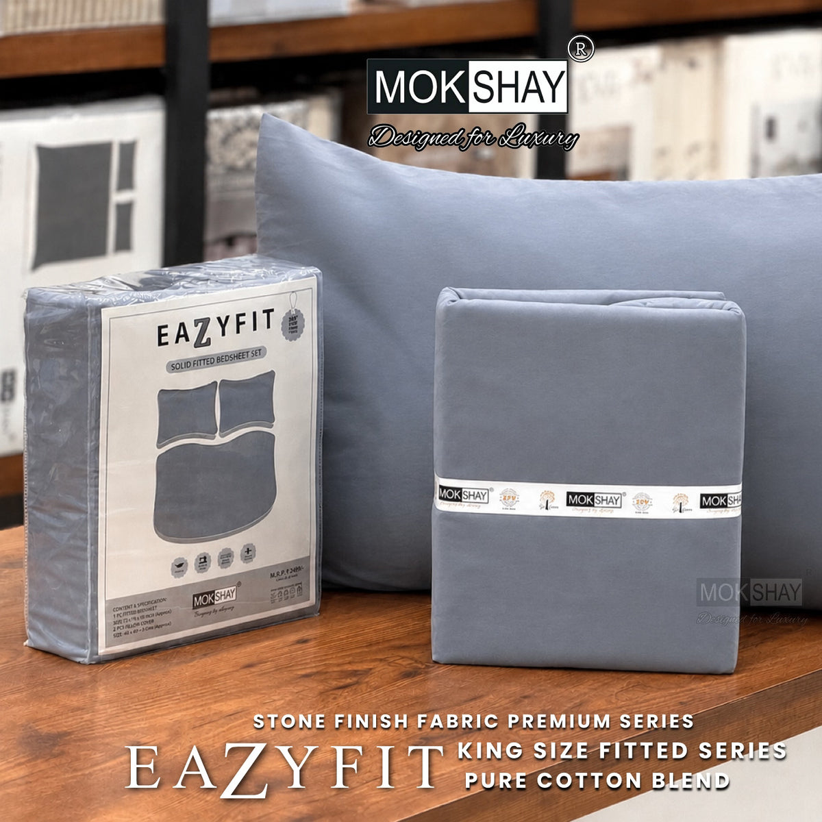 EAZYFIT • PREMIUM STONE FINISH SERIES SOLID MODERN SHADES KING SIZE 360° FITTED BEDSHEET SET { 1+2 }