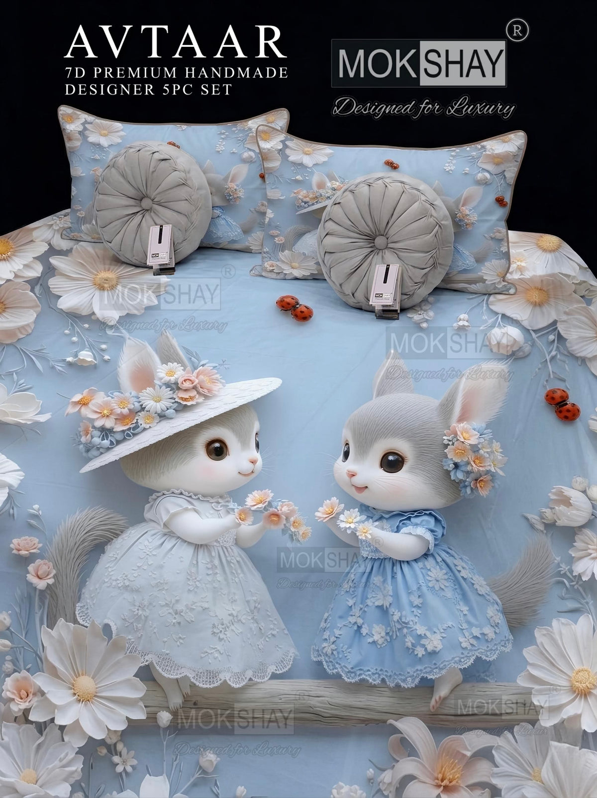 AVTAAR PREMIUM 7D PRINTS DESIGNER HANDMADE 5PIECE BEDDING SET { 1+2+2 }