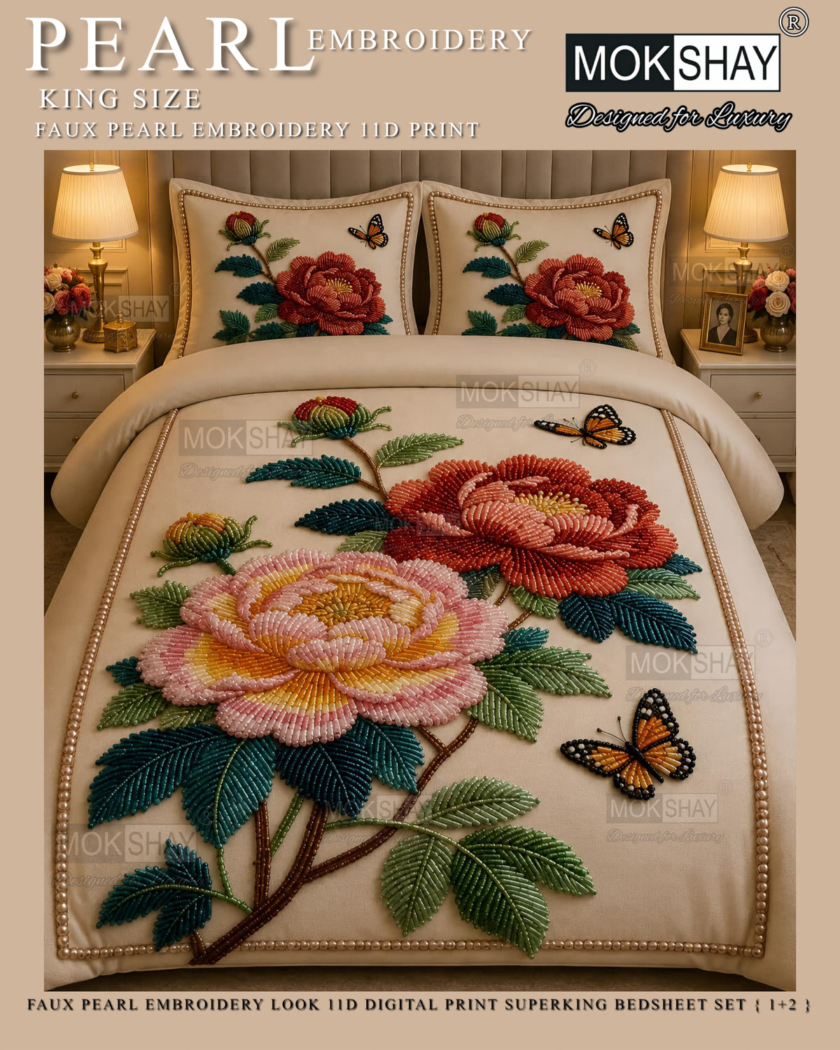 PEARL  FAUX EMBROIDERY LOOK 11D KING SIZE BEDSHEET SET { 1+2 }