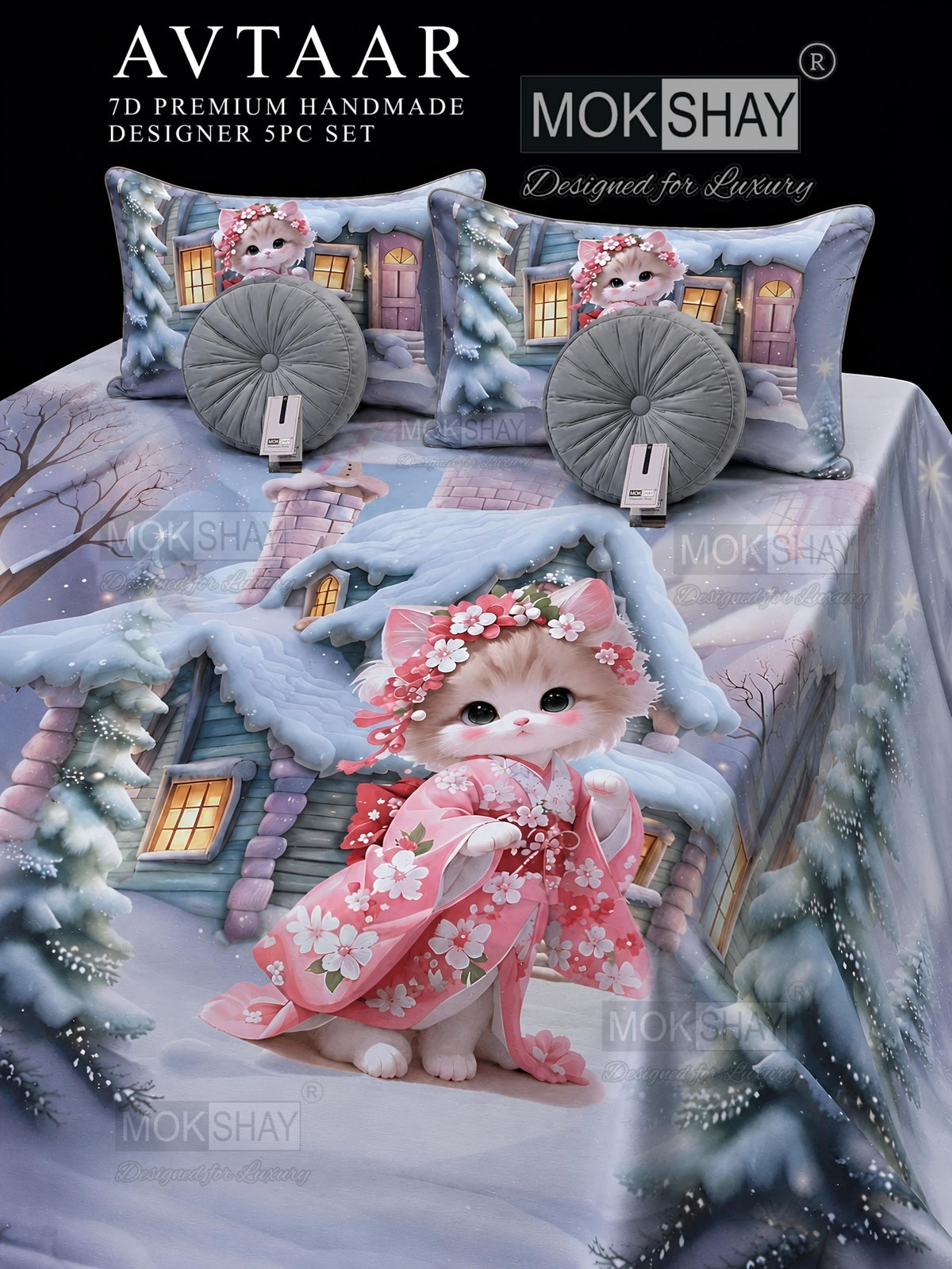 AVTAAR PREMIUM 7D PRINTS DESIGNER HANDMADE 5PIECE BEDDING SET { 1+2+2 }