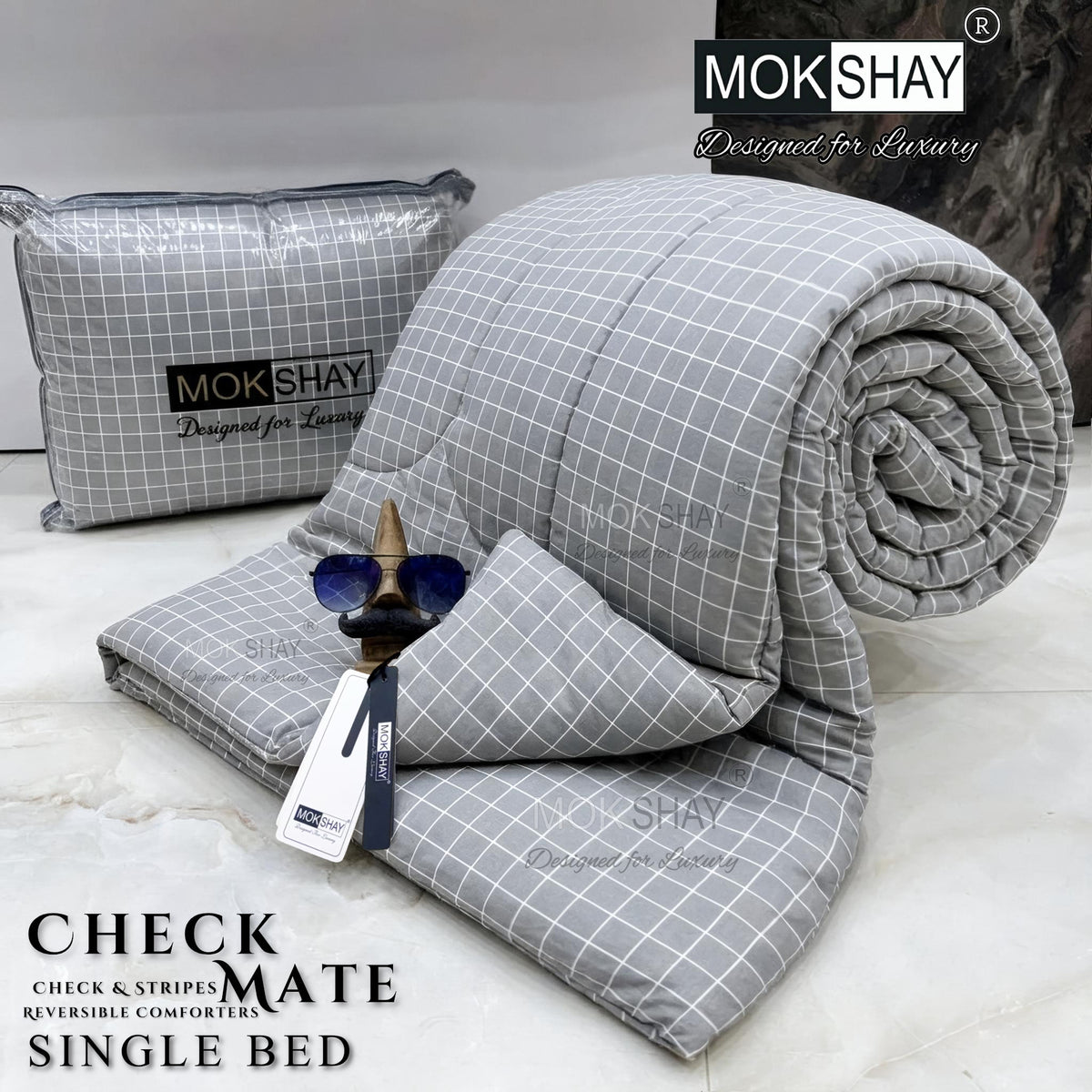 CHECKMATE • PREMIUM CHECK and STRIPES SERIES REVERSIBLE COMFORTERS