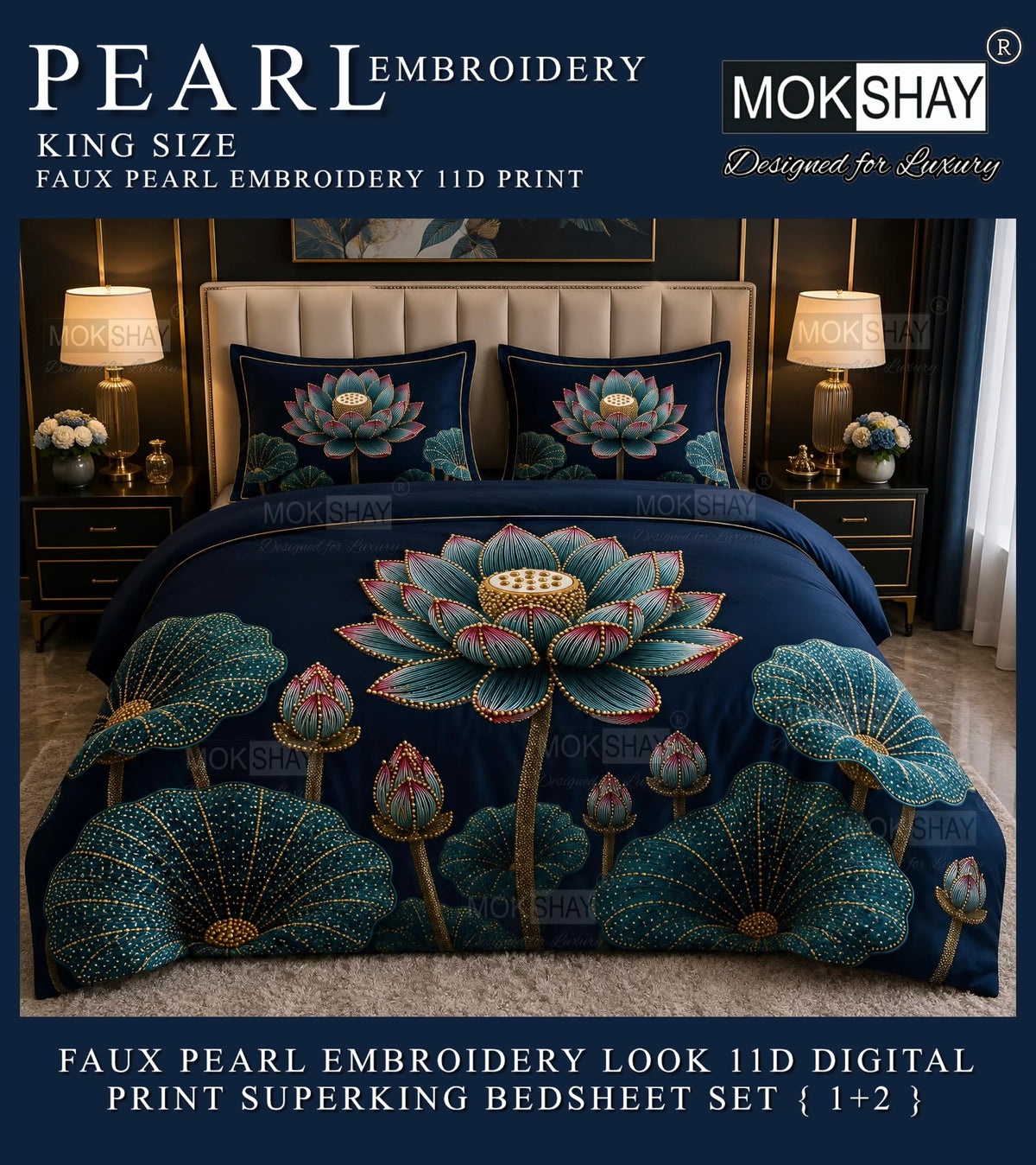 PEARL  FAUX EMBROIDERY LOOK 11D KING SIZE BEDSHEET SET { 1+2 }