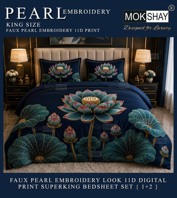 PEARL  FAUX EMBROIDERY LOOK 11D KING SIZE BEDSHEET SET { 1+2 }