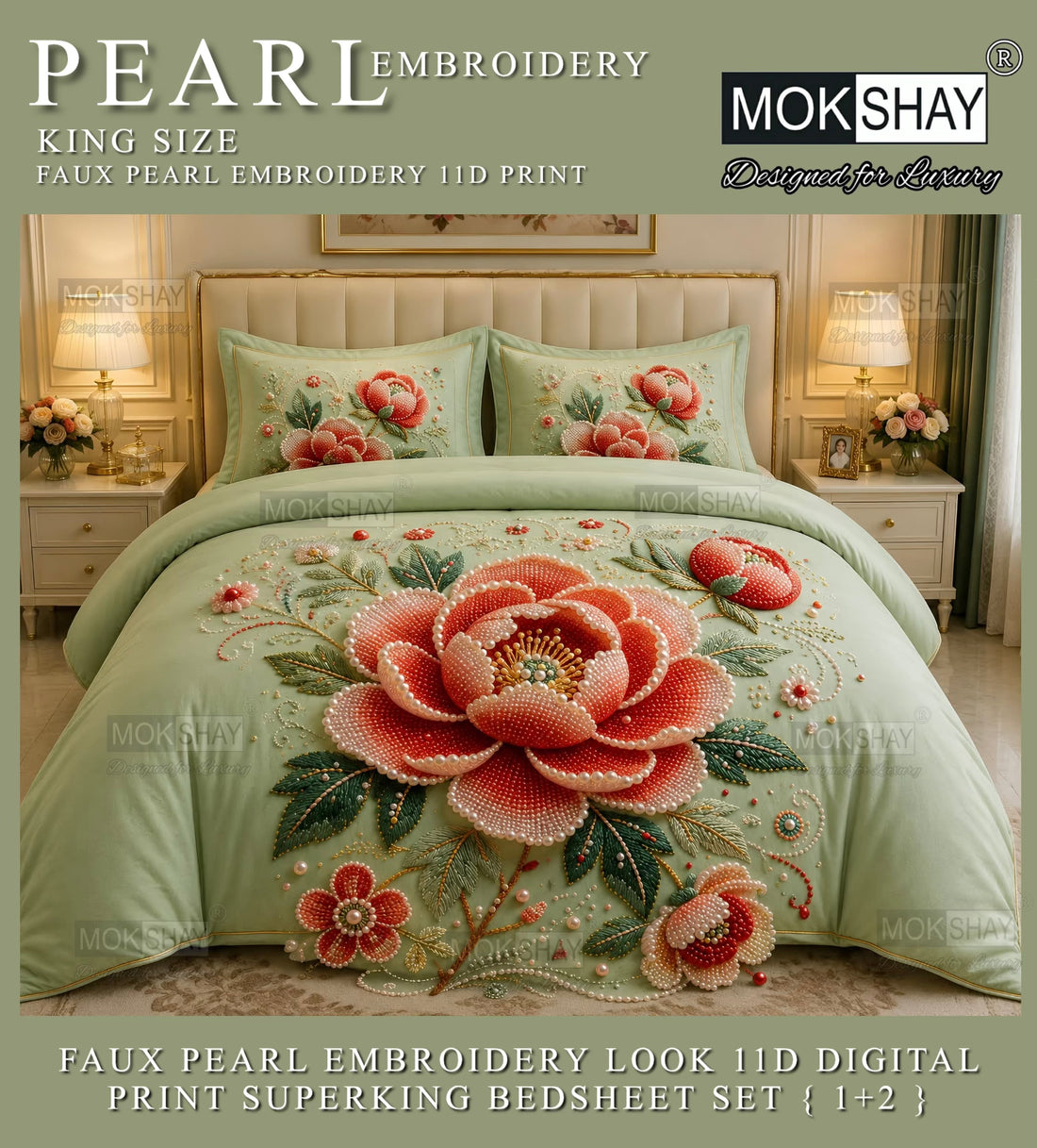PEARL  FAUX EMBROIDERY LOOK 11D KING SIZE BEDSHEET SET { 1+2 }
