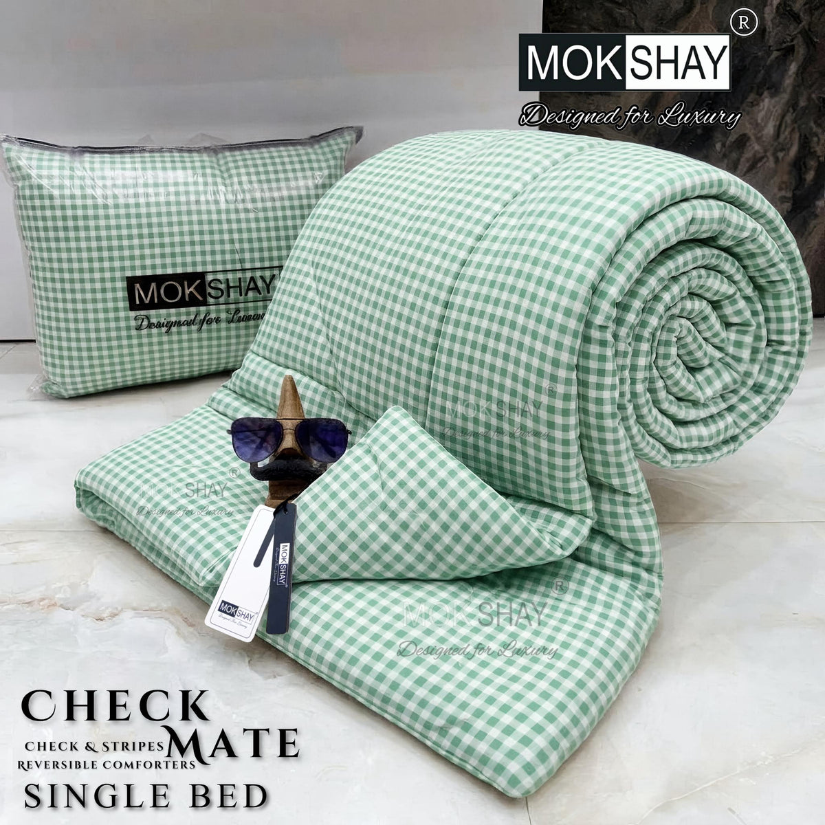 CHECKMATE • PREMIUM CHECK and STRIPES SERIES REVERSIBLE COMFORTERS