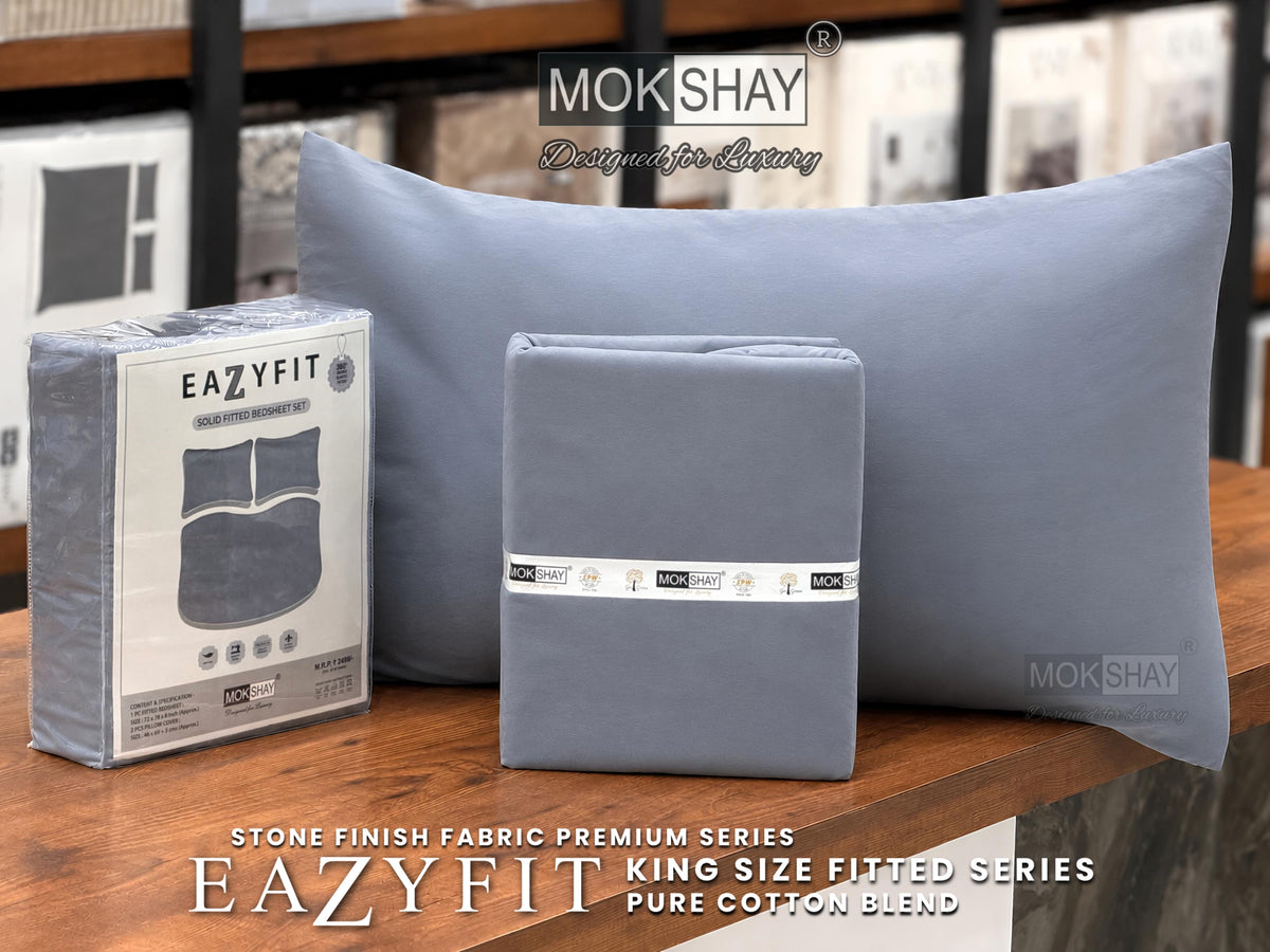 EAZYFIT • PREMIUM STONE FINISH SERIES SOLID MODERN SHADES KING SIZE 360° FITTED BEDSHEET SET { 1+2 }