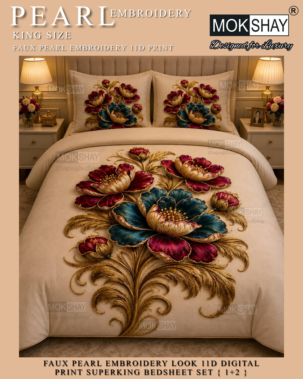 PEARL  FAUX EMBROIDERY LOOK 11D KING SIZE BEDSHEET SET { 1+2 }
